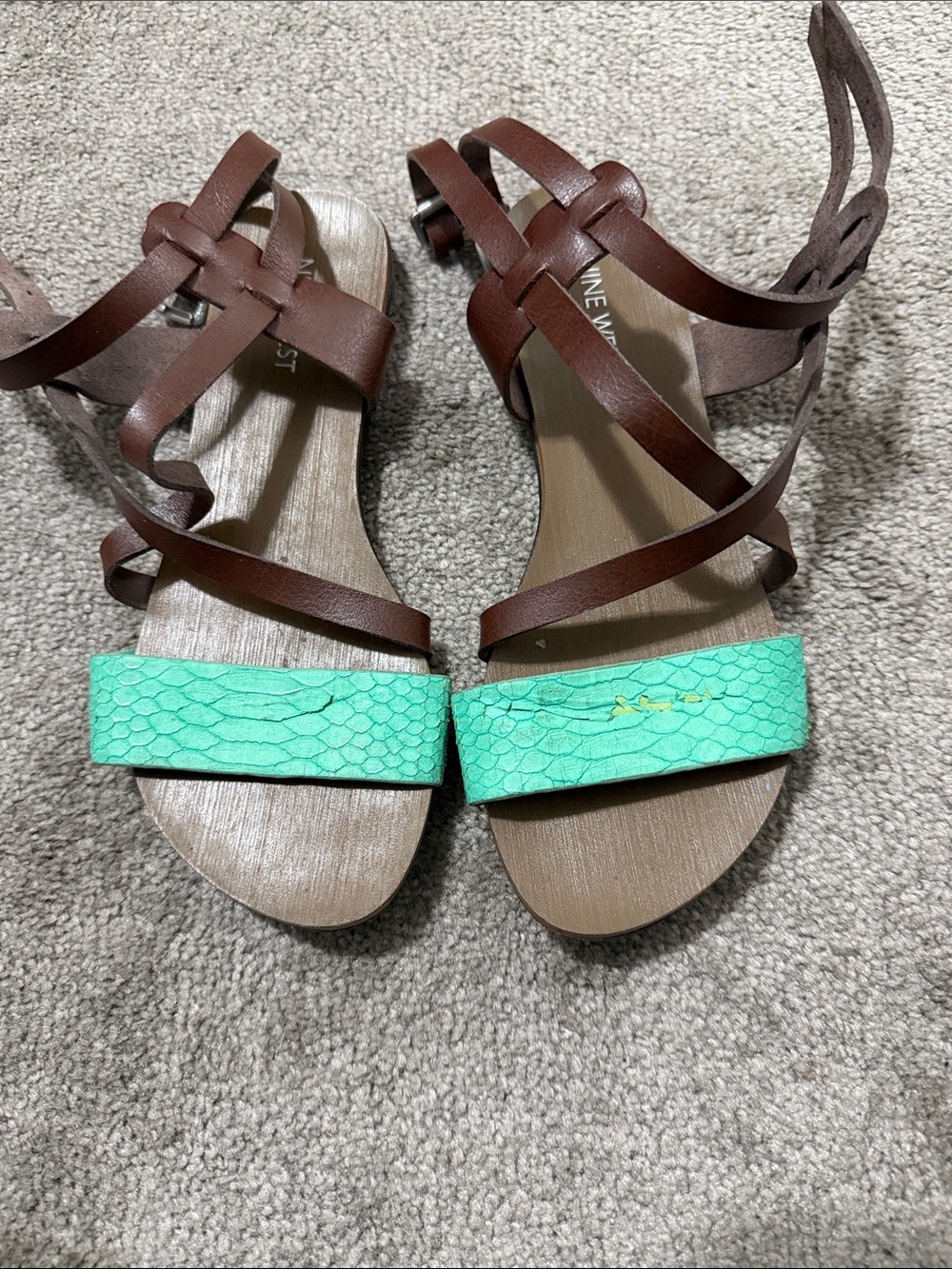 Nine West Brown Strappy Sandals with Mint Green Toe Strap